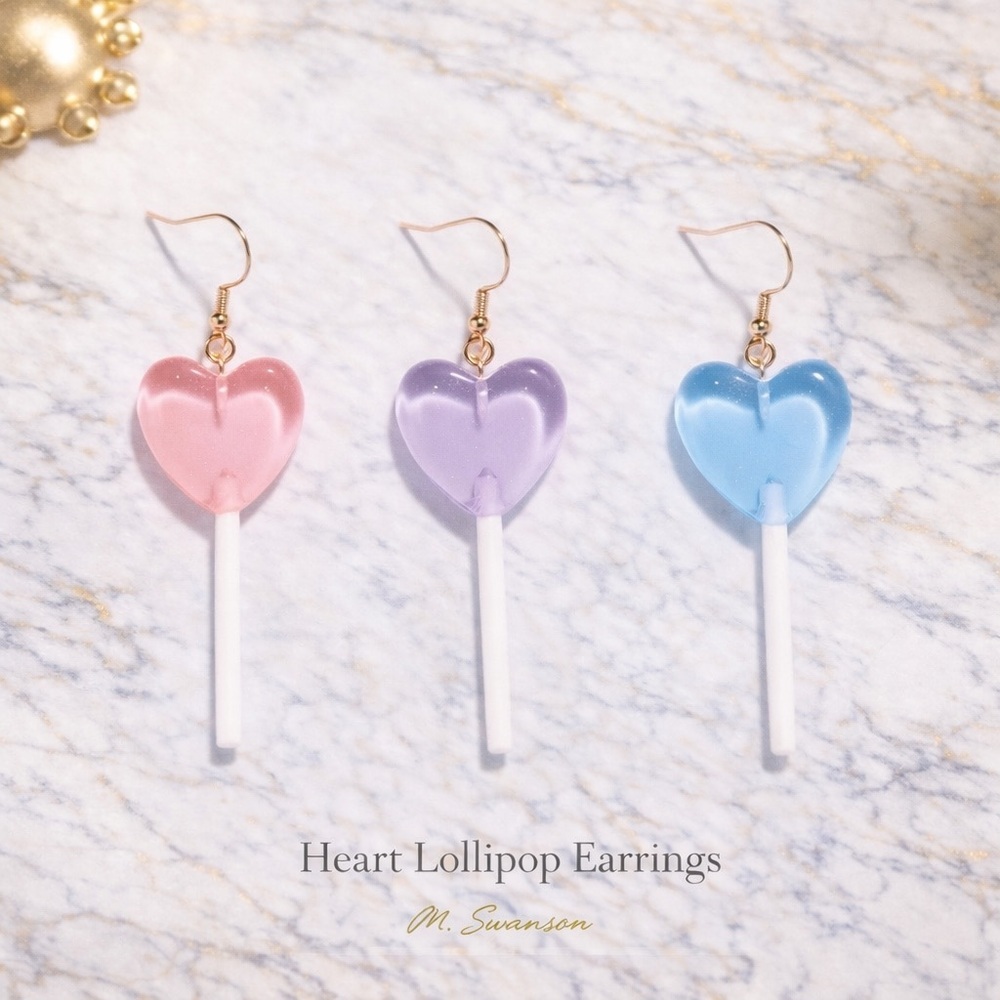 NEW Heart Candy Lollipop Drop Earrings – Lightweight – Pink, Purple, or Blue